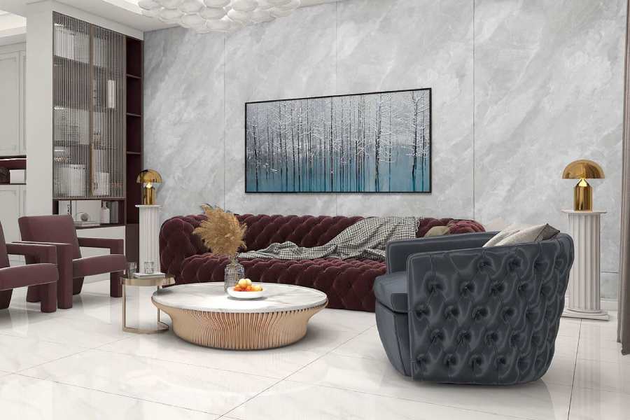 Living room floored in Balena large-format marble-look porcelain