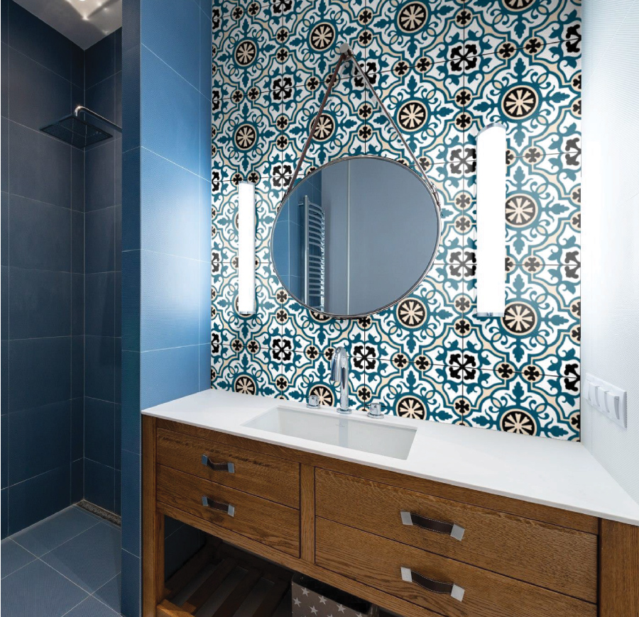 Bathroom with a patterned Balena Moroccan feature wall