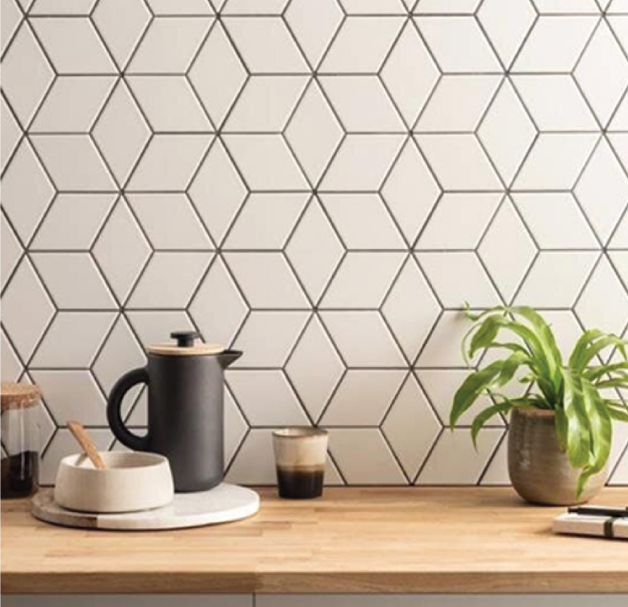 Balena mosaic tiles forming a geometric kitchen splashback