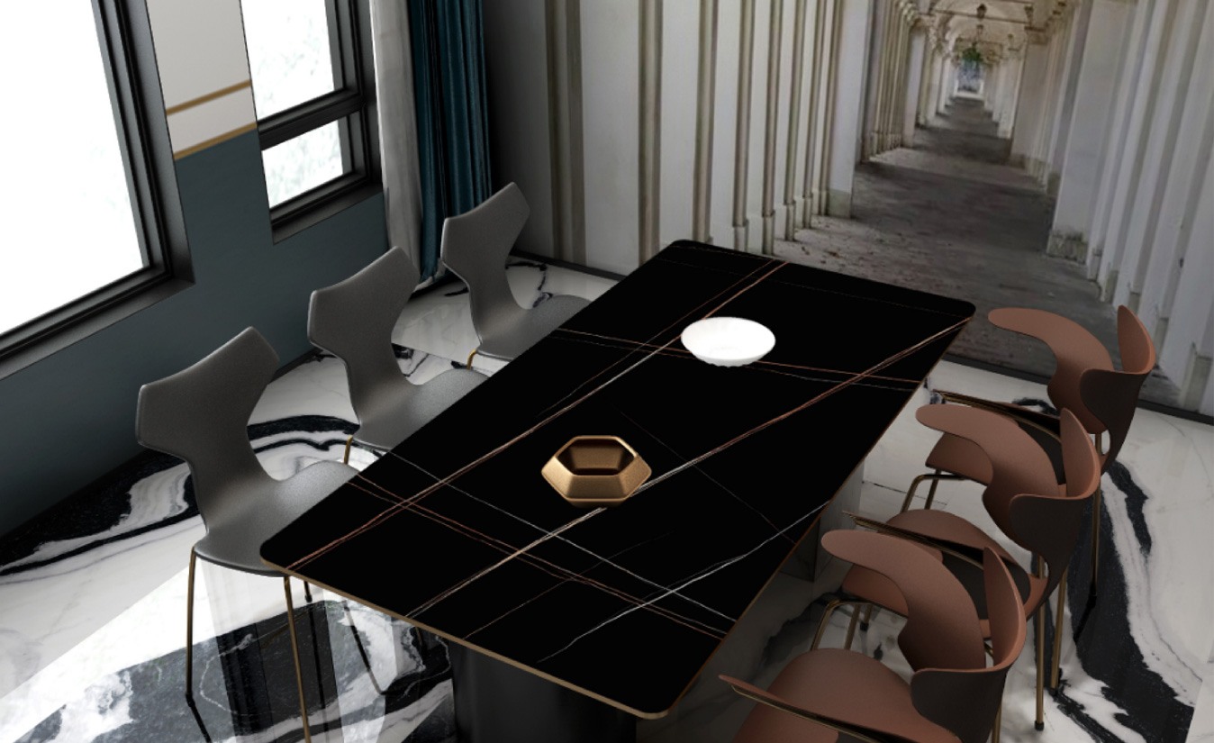 Refined meeting space with a dark polished stone-look surface