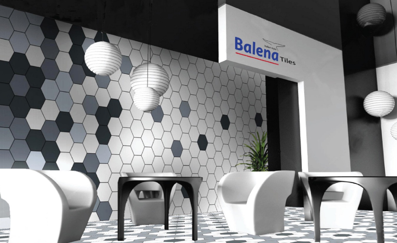 Balena Tiles showroom display with a hexagonal tiled feature wall