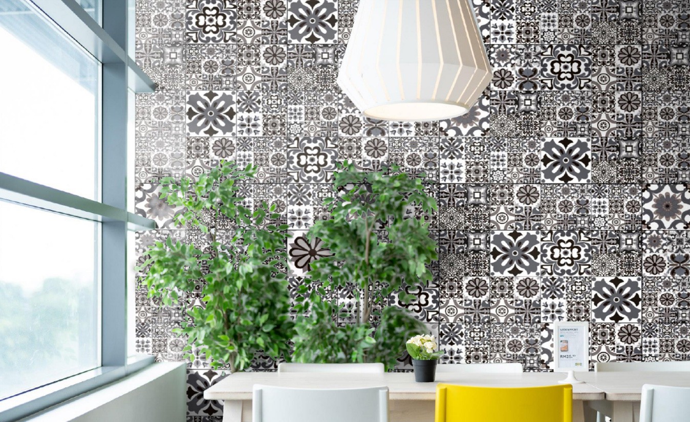 Cafe interior with a patterned Balena feature wall