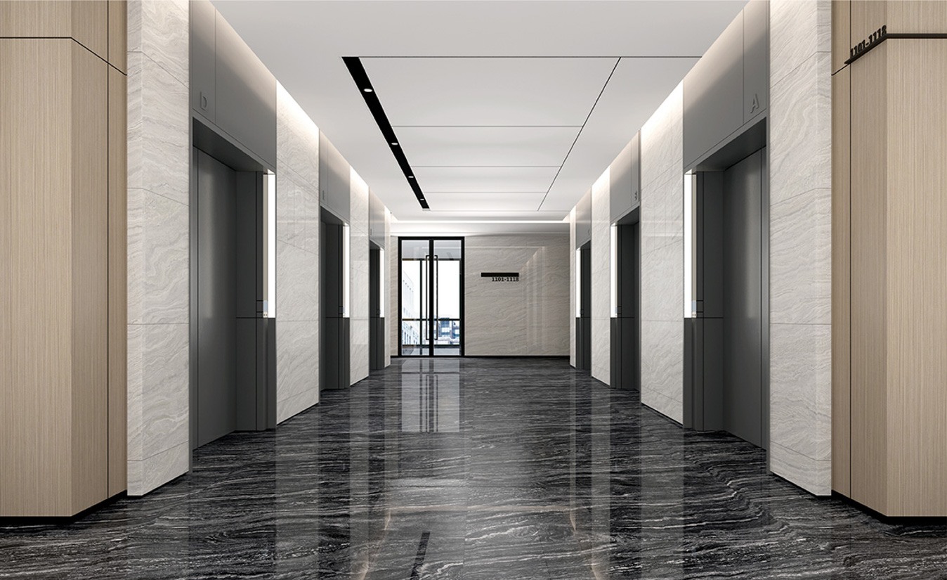Commercial lobby corridor finished in dark polished Balena floor tiles