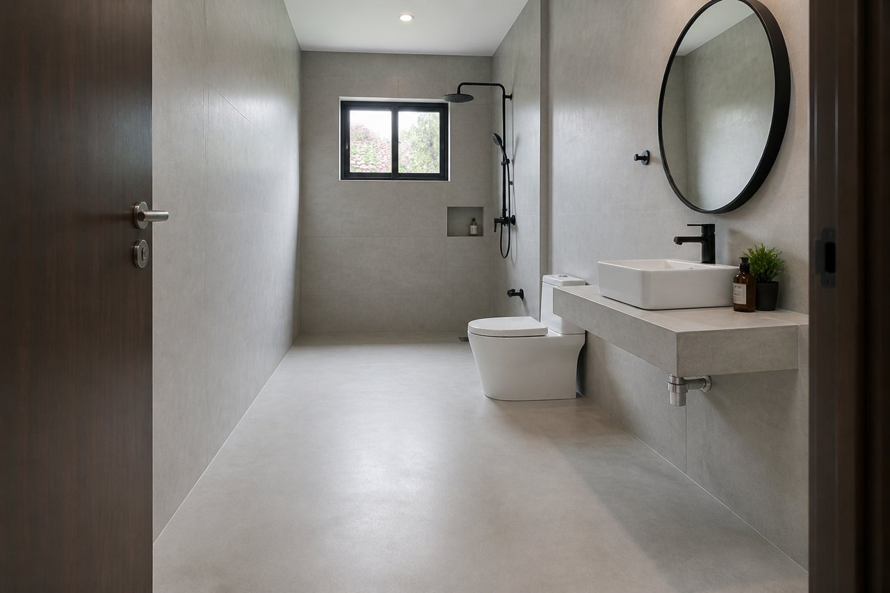 Bathroom with a walk-in shower and tiled floor and walls