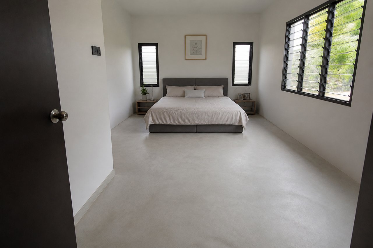 Bedroom with a double bed and a continuous tiled floor